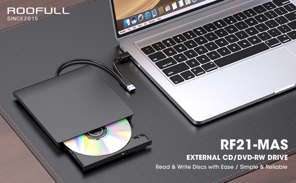 ROOFULL RF21-MAS Ultra Slim Mini External CD DVD +/-RW Drive USB 3.0 & USB-C for Laptop Mac PC