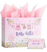 woric 14.5" Large Baby Shower Bag with Tissue Paper Gift Card, Pink Wildflowers Baby Girl Gift Ba...