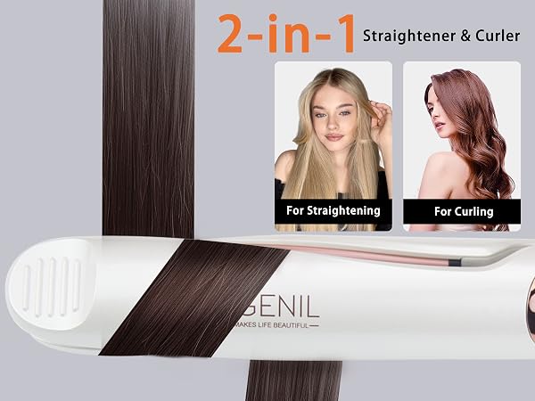 Text reads '2-in-1 Straightener & Curler'. Product demonstration images showing hair styling tool being used for both straightening and curling long dark hair.