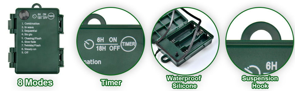 Green circular device with multiple modes, including timer and water-resistant features. Four circular icons show different functions.