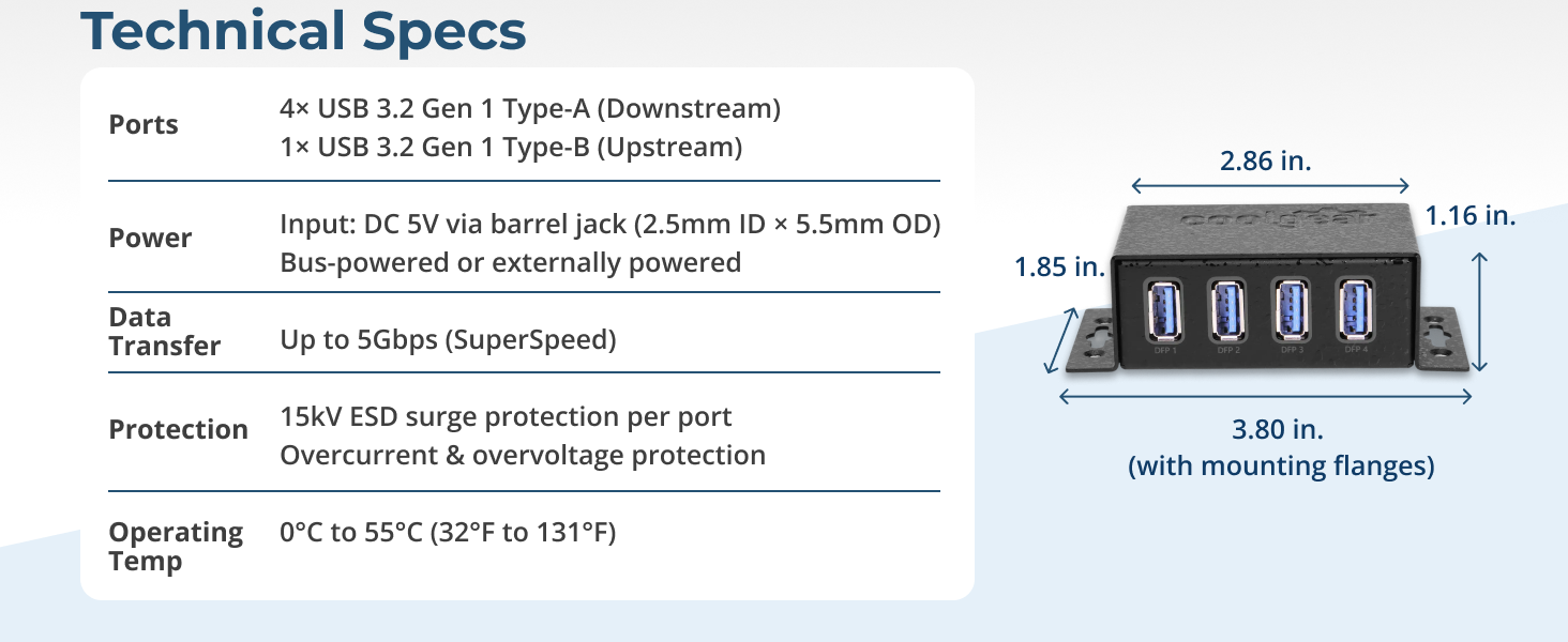 Compact USB port extender with four USB 3.2 Gen 1 ports and external power support