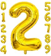 PatiCool Gold Number 2 Balloon, 40 Inch Large Number Foil Mylar Balloons for 2nd Girl Boy Birthda...
