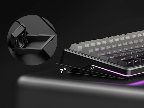 Gaming keyboard with RGB backlighting shown at 7-degree angle, featuring mechanical keys and purple LED illumination.