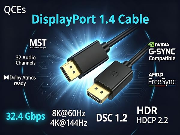 QCEs DP 1.4 Cable, 8K@60Hz 4K@144Hz, 32.4Gbps High Speed