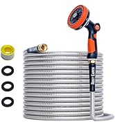 Rosy Earth 50ft Stainless Steel Garden Hose, Heavy Duty Metal Water Hose with 8 Functional Ultra-...