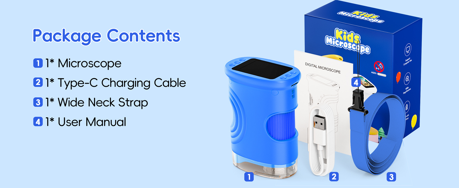 Text reads 'Package Contents: 1* Monocope, 1* Type-C Charging Cable, 1* Wide Neck Strap, 1* User Manual'. Blue product box and blue device shown with components labeled.