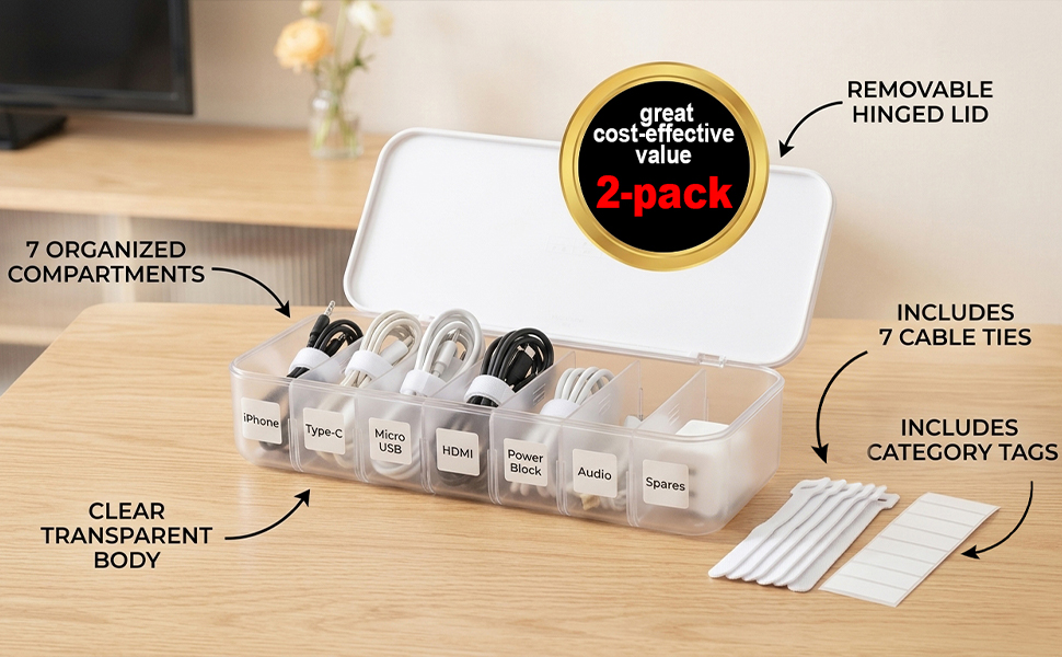 Cable Organizer Box with 7 Wire Ties
