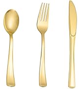 N9R 200PCS Gold Plastic Silverware Set, Heavy Duty Spoons and Forks Silver Plastic Cutlery Includ...