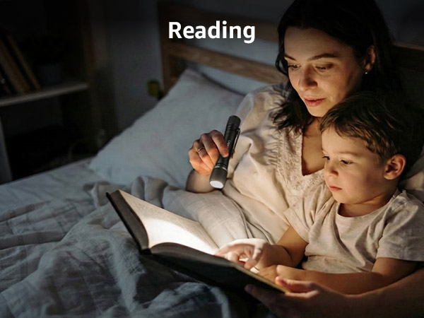Three dimly lit scenes showing someone reading in bed using what appears to be a light source or reading aid.