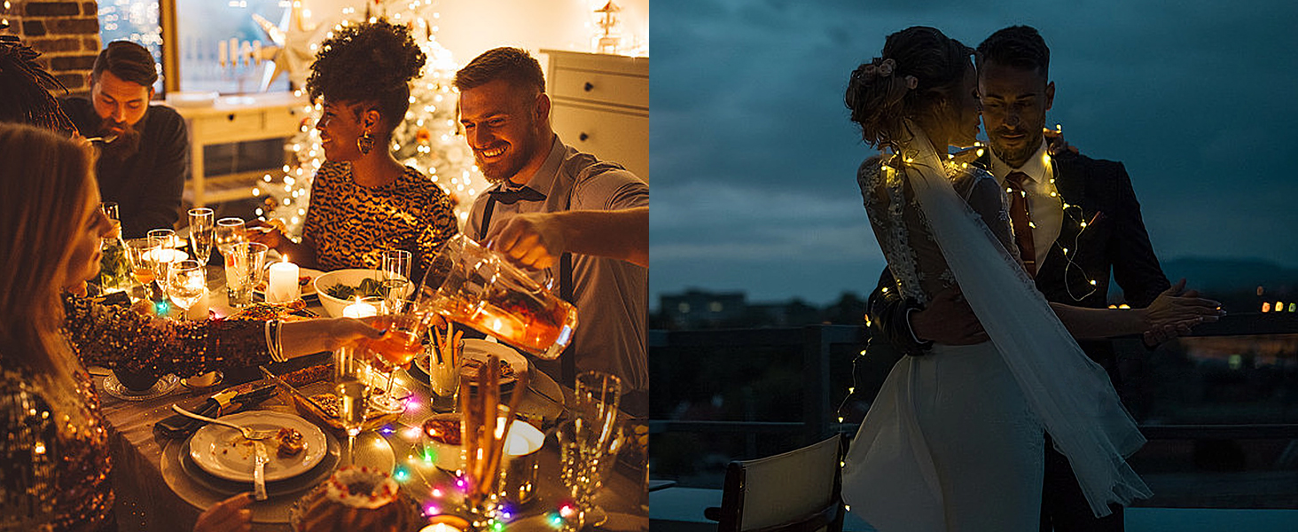 Split image: Left shows people dining with string lights. Right shows a couple in formal attire silhouetted against night sky.