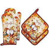 Arquiel Fall Pumpkin Gnome Oven Mitts and Pot Holders Sets 4Pcs, 100% Cotton Heat Resistant, Extr...