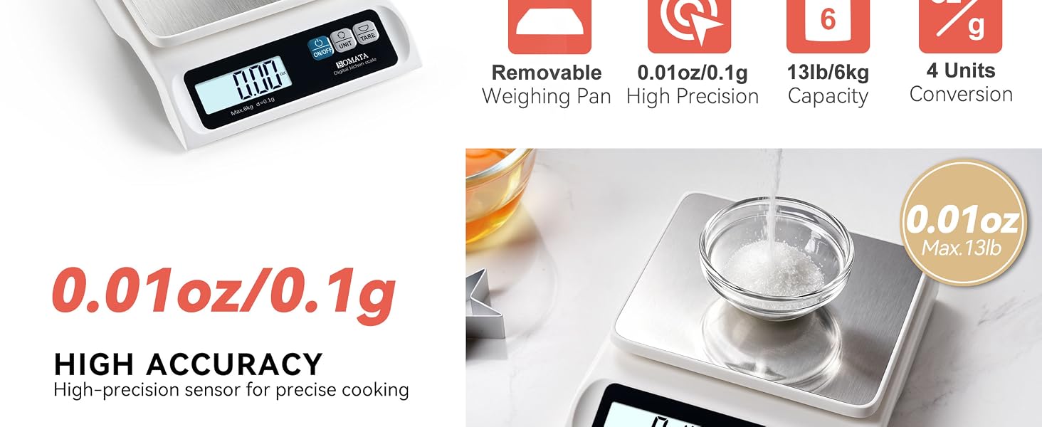 BOMATA 0.1g Food Scale, 13lb Digital Kitchen Scale with Removable Stainless Steel Pan