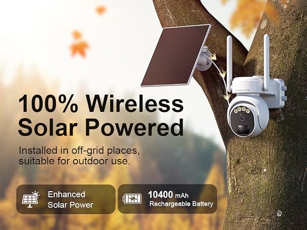 Outdoor security camera wireless receives sunlight and charges battery with solar panel