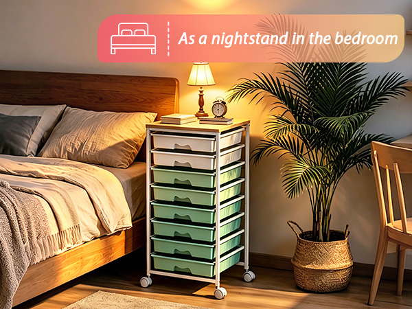 Goovilla organization cart, stores items, wooden top can put bedside lamp and bedtime reading books