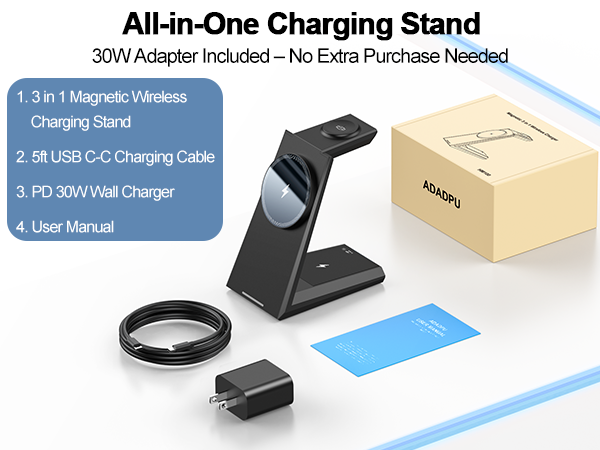 All in one charging stand - 30w adapter and 5ft usb c charging cable included
