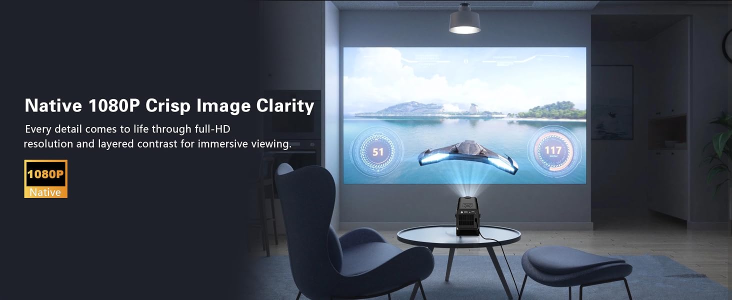 Native 1080P Portable Projector 4K Support