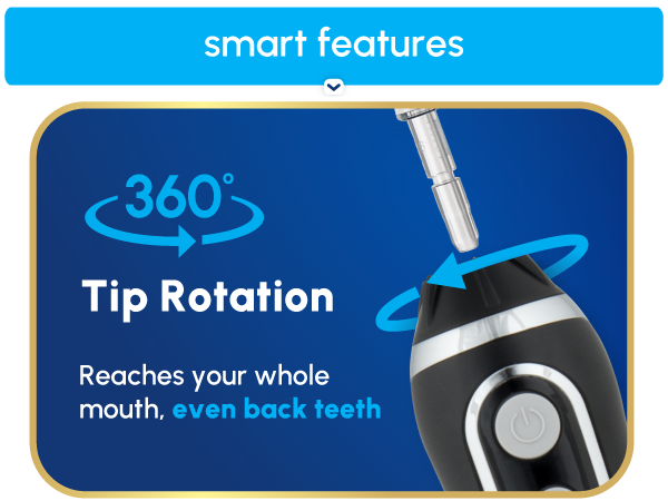 Image of Waterpik tooth flosser tip with text reading three hundred sixty tip rotation.