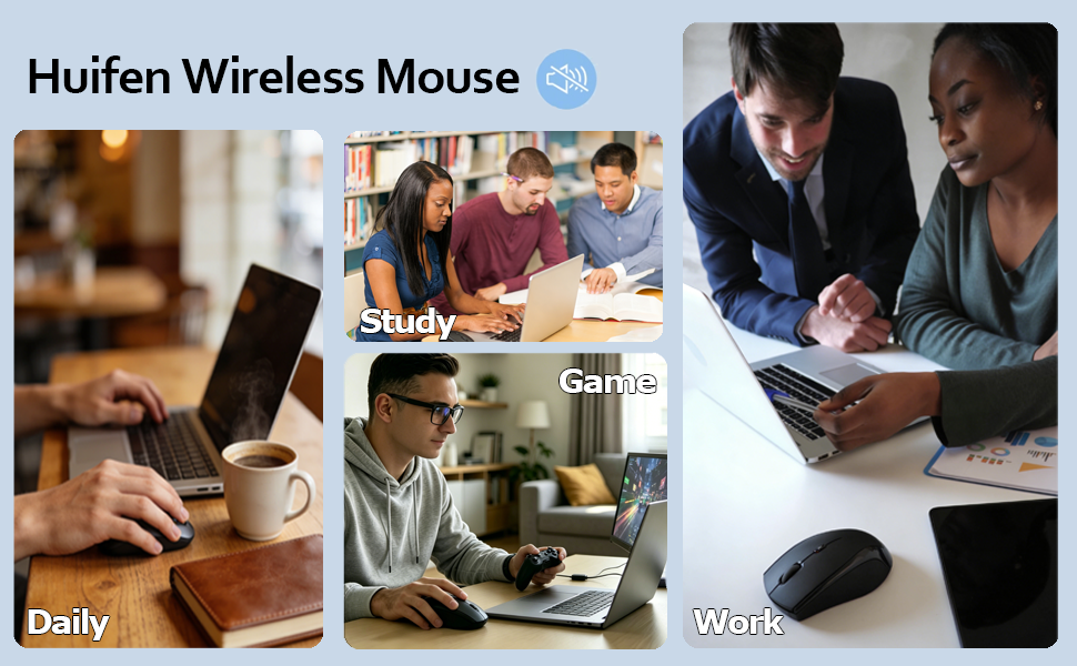 Wireless mouse used in multiple scenes – gaming, office work, daily life, and studying