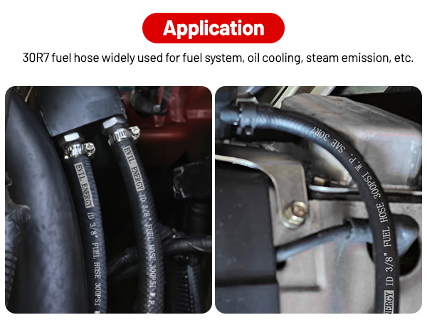 Application photos of the 3/8 inch hose used on a lawn mower engine and a portable generator