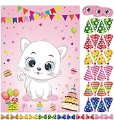 PLULON Cat Party Game for Kids Pin The Hat Bow Tie on The Cat Birthday Game Poster with 24 Hats 2...