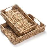 2 Pack Water Hyacinth Tray with Handles, Rectangular Wicker Serving Tray, Woven Serving Basket fo...