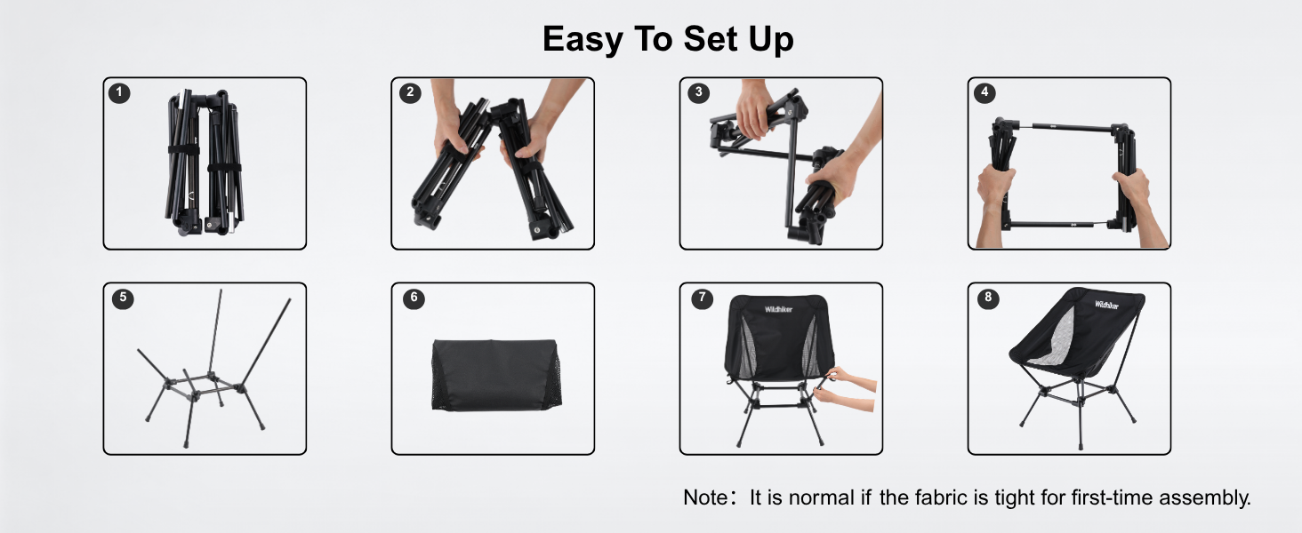 Step by step setup of folding camping chair showing frame assembly and seat installation