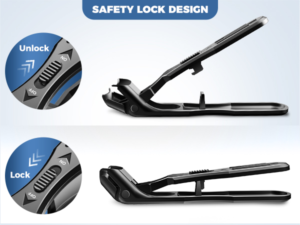Product demonstration showing safety lock mechanism with unlock and lock positions, featuring black handheld device with mechanical components.