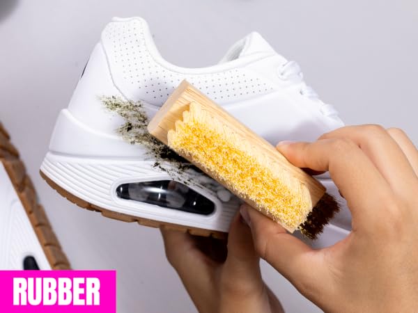 A shoe brush safe for rubber, canvas, leather, and more