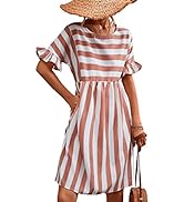 GOTOTOP Women Round Neck Striped Dress Casual Ruffle Sleeve Dress A Line Short Dress for Ladies P...