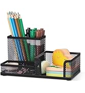 Comix Mesh Pen Pencil Holder with Post It Note Holders Desk Organizer, 3 Compartment Wire Desktop...
