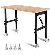 Goplus Work Bench, 48” Mobile Work Table with Power Outlet, Removable Wheels & Foot Pads, Bamboo ...