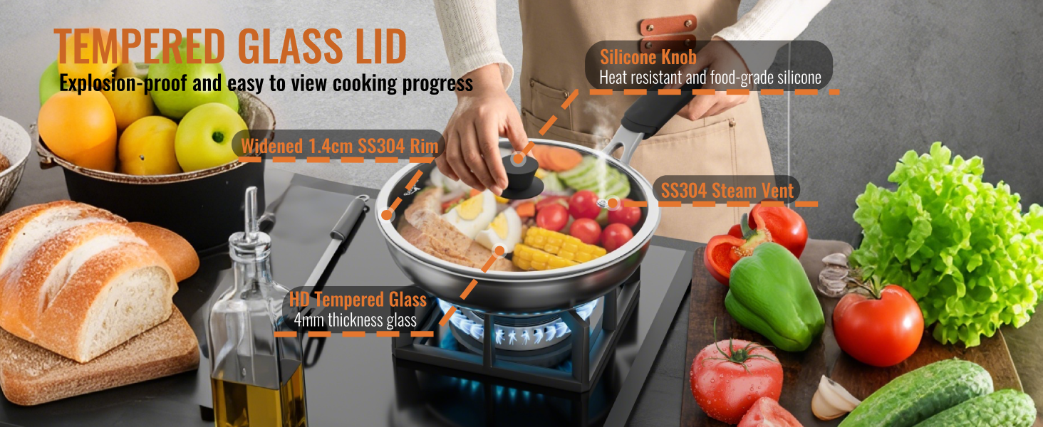 CnSneg 10.5 Inch Pan Lid For Pots Pans and Skillets, Cast Iron Skillet Lid, Tempered Glass Pan Lids
