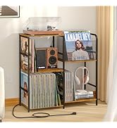 ThreeHio Record Player Stand with Power Outlets, Turntable Stand with Vinyl Storage Holds up to 3...