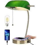 Newrays Green Glass Bankers Desk Lamp with Wireless Charger, USB Charging Port for Home Office,St...