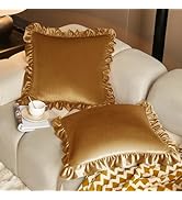 KKJIAF Golden Camel Velvet Throw Pillow Covers 18 x 18 Inch Set of 2, Ruffle Euro Pillow Shams Ve...