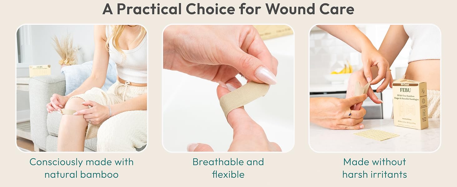FEBU PFAS-free bamboo bandages. Breathable, flexible wound care