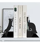 Cat Book Ends for Shelves, Metal Decorative Book Ends with Pen Holder, Fun Unique Bookends, Cool ...