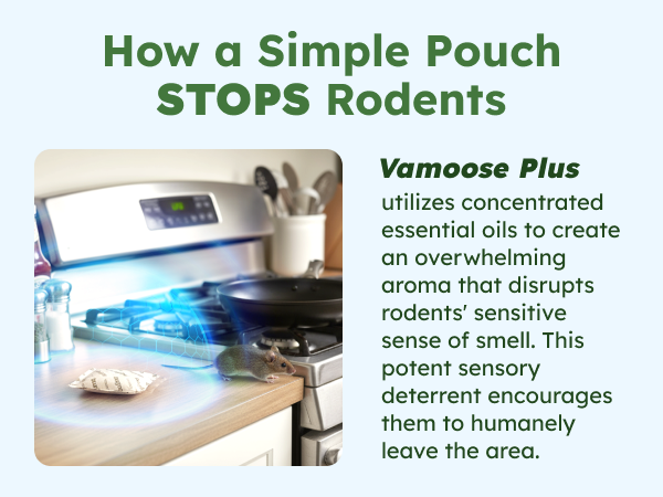 Peppermint-powered BugMD Vamoose! Plus pouch repels rodents from homes and garages.