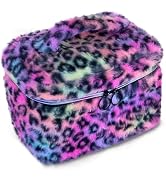 imerelez Plush Makeup Bag for Women, Leopard Print Faux Fur Travel Cosmetic Organizer, 10.2 x 7 x...
