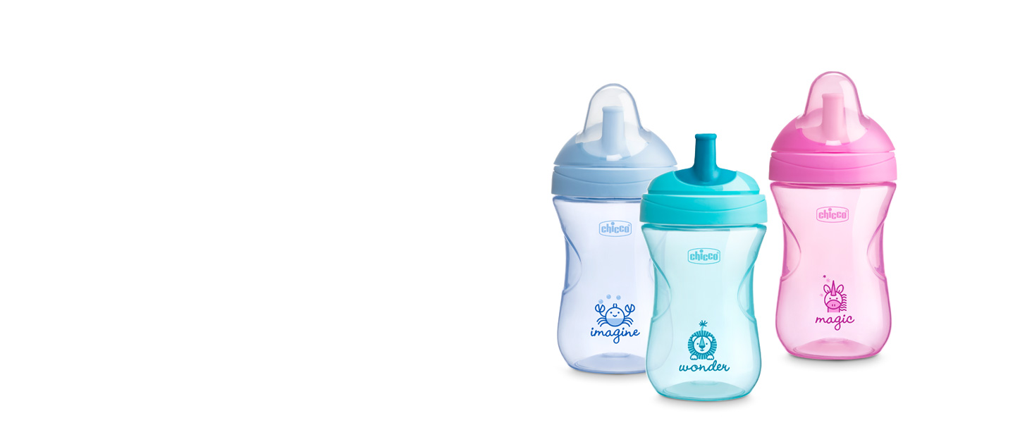 Group image of the Sport Spout Trainers in three colors: pink, teal, and pale blue