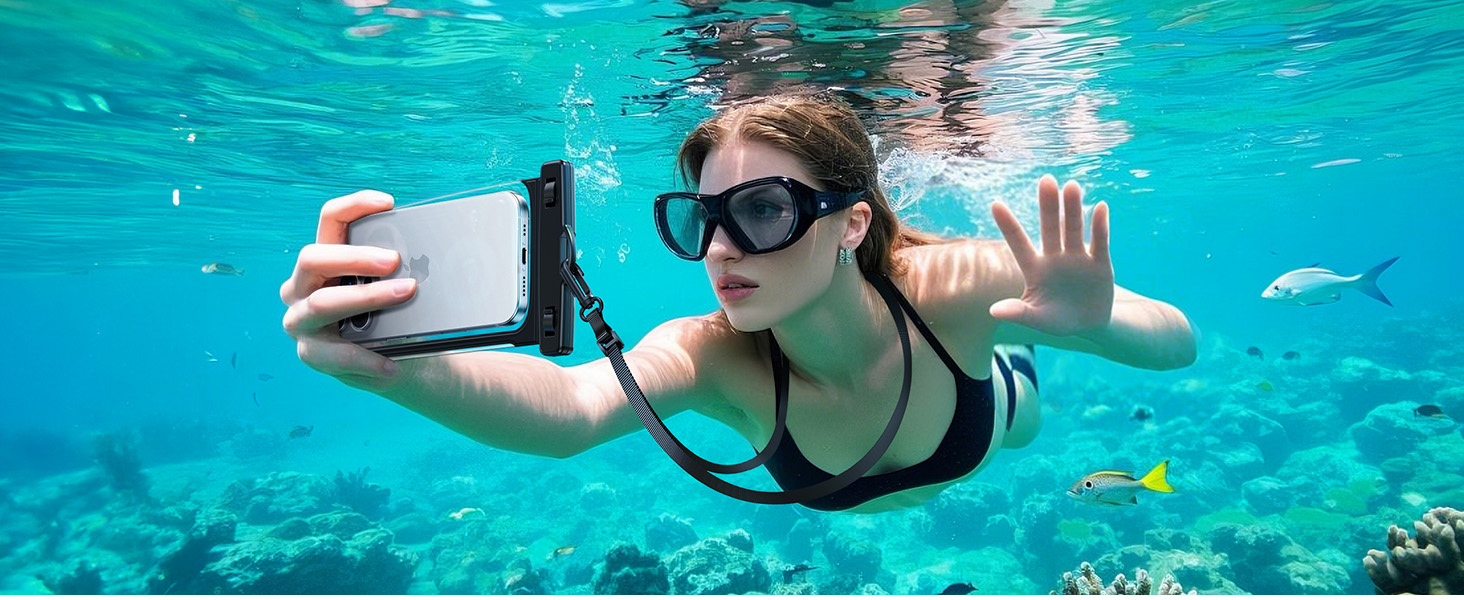 Diving with waterproof phone pouch