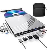 External CD DVD+/-RW Drive with Carrying Case,USB 3.0 Ultra Slim CD Burner with 4 USB Ports, 2 TF...