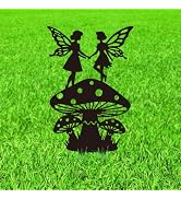 WADORN Mushrooms Fairies Metal Decorative Garden Stakes, Black Mushrooms Fairies Outdoor Statues ...