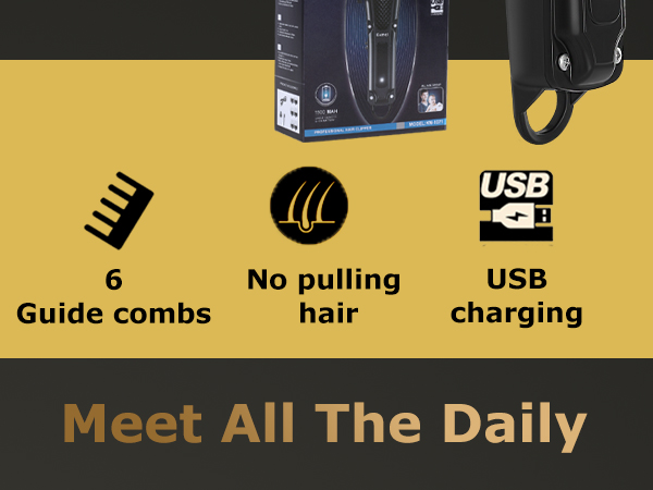 No pulling hair,6 guide combs,USB charging