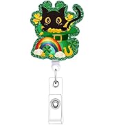 St Patrick's Day Badge Reel - Cosmisun Black Cat Lucky Badge Reels Retractable Shamrock Glitter B...