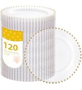 LIYH 120 Clear and Gold Dessert Plastic Plates - 7 Inch Clear Cake Plates Disposable with Gold Ri...