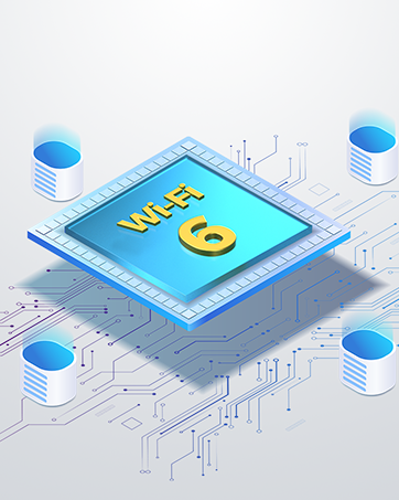 Isometric illustration of WiFi 6 technology concept showing a blue processor chip surrounded by database towers and circuit patterns.