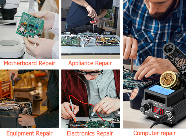 Collage of six images showing various electronics repair services, including motherboard, appliance, equipment, and computer repair activities with tools and components.