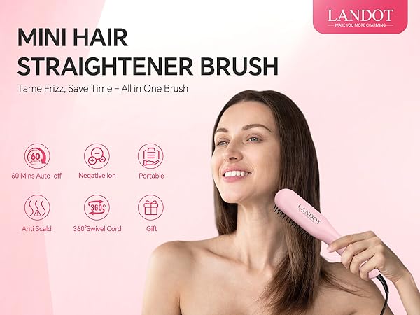 Text reads 'LANDOT MINI HAIR STRAIGHTENER BRUSH'. Pink promotional image showing hair styling product with social media icons and product features.