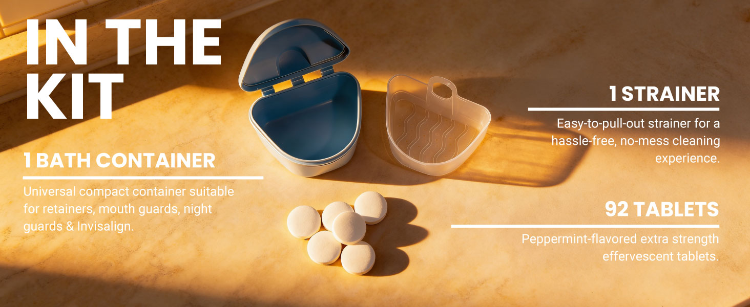bath container strainer retainer cleaner tablets mouth guards dentures night guards Invisalign